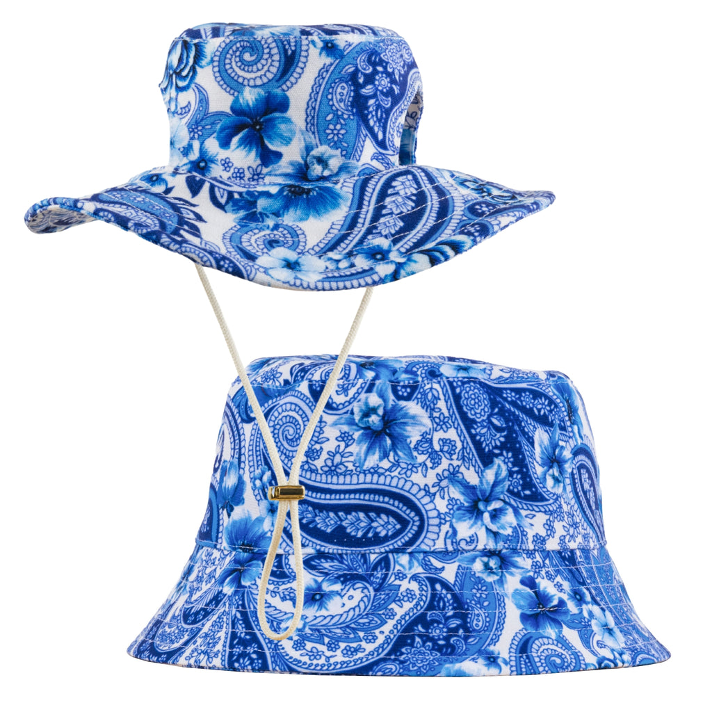 Blue Floral Paisley Matching Human and Dog UPF 50+ Bucket Hats Australia