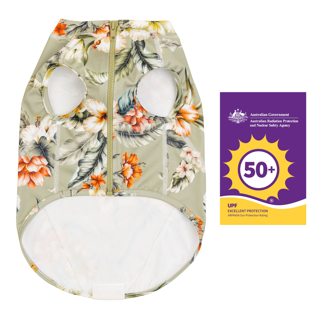 Sandy Snoots Olive Green Floral UPF 50+ Dog Rashie Australia