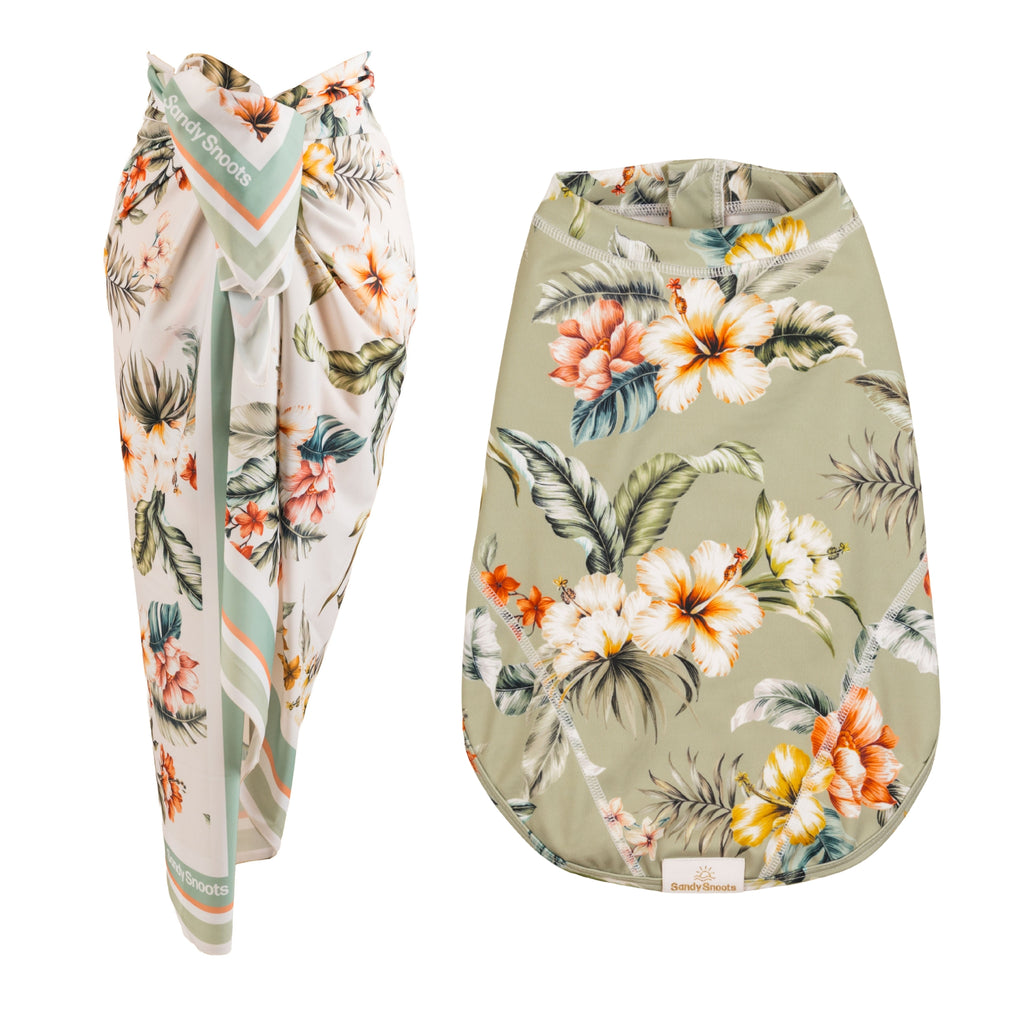 Matching Hibiscus Floral Dog and Women's UPF 50+ Swimwear Australia