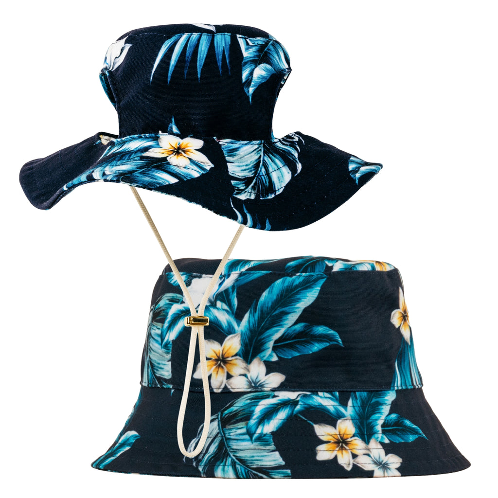 Navy Frangipani Matching Human and Dog UPF 50+ Bucket Hats Australia