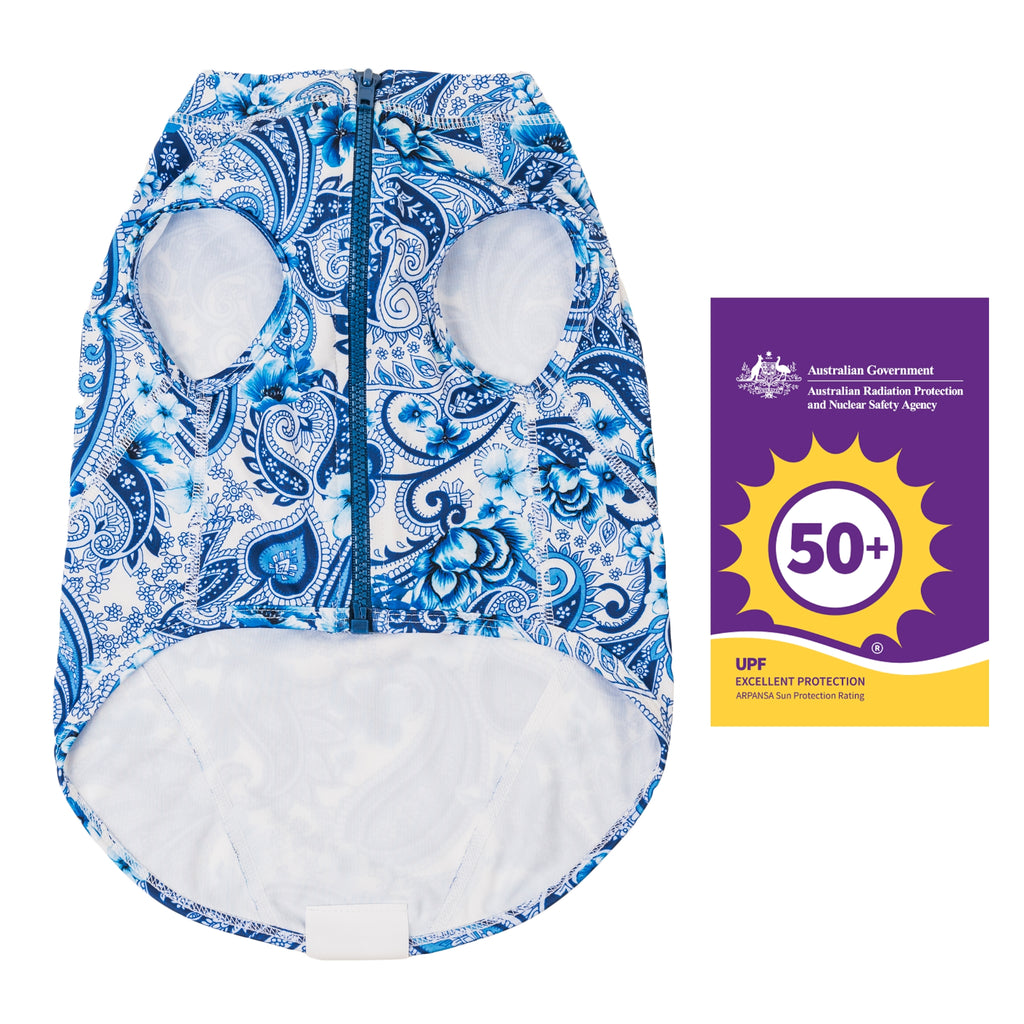 Blue Paisley Sun Protective Dog Rashie Australia