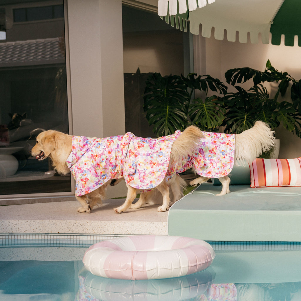 Yellow Floral Wearable Dog Poncho Drying Towel Australia