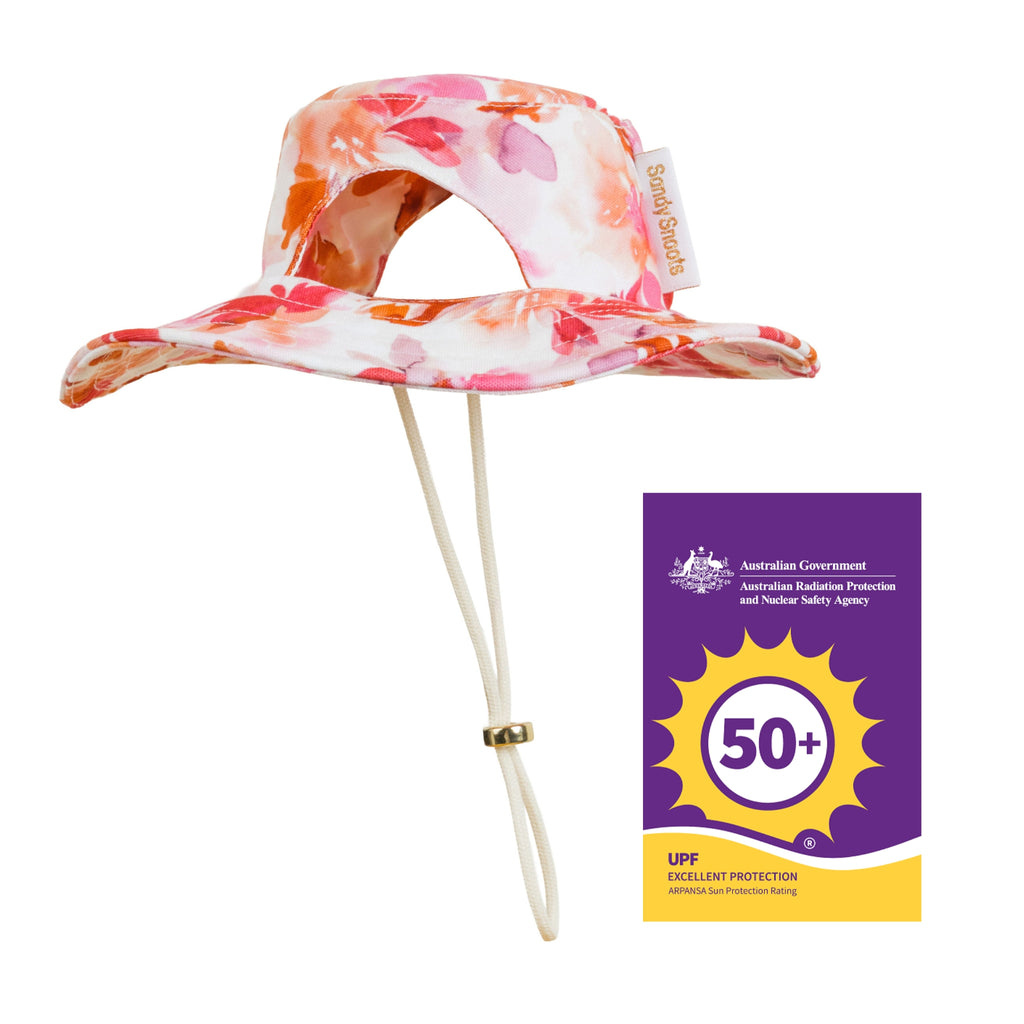 Sandy Snoots Pink Orange Watercolour Floral UPF 50+ Dog Bucket Hat Australia