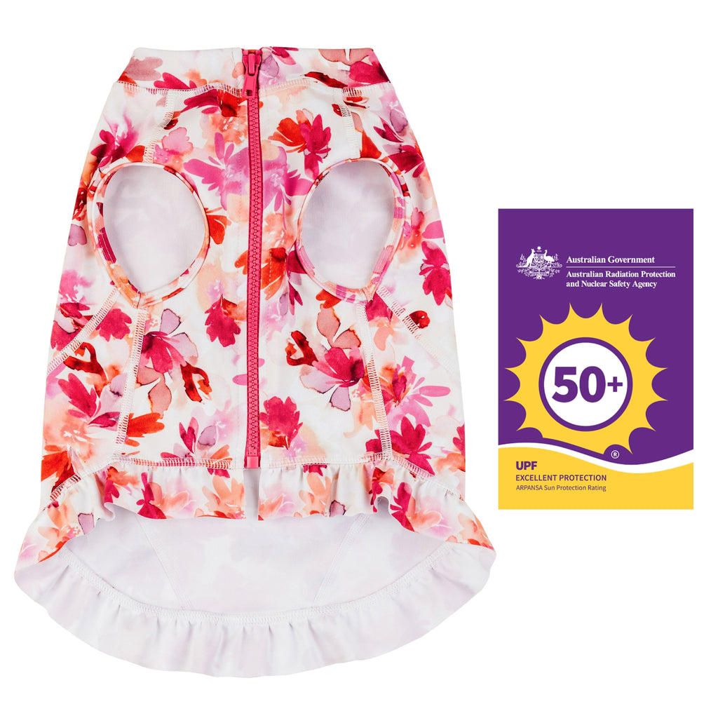 Pink and Orange Floral Sun Protective Dog Rashie with Ruffle Frill Australia