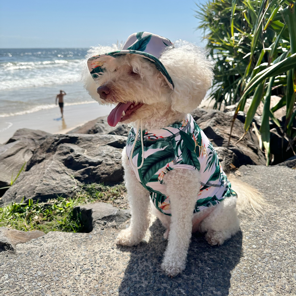 Tropical Green Leaves Sun Protective Wide Brim Dog Bucket Hat Australia