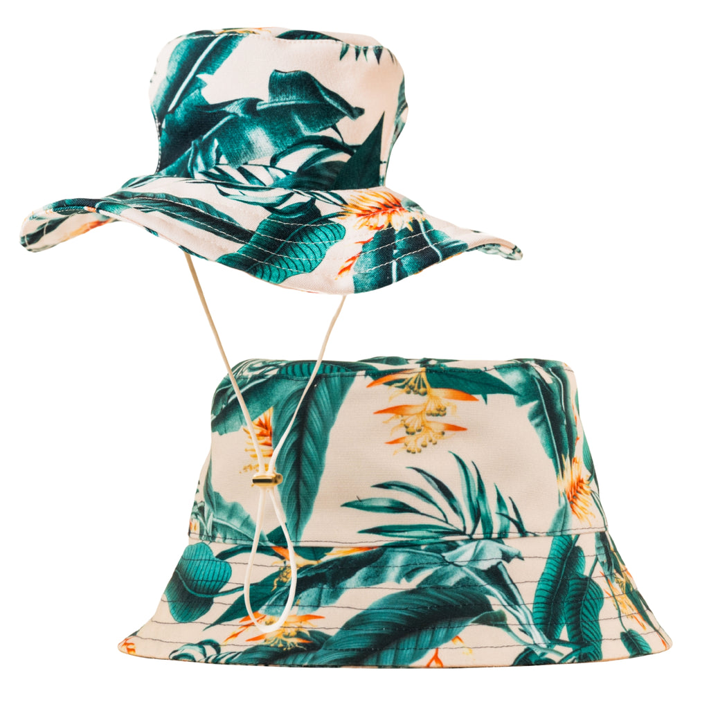 Tropical Green Leaf Matching Human and Dog UPF 50+ Bucket Hats Australia
